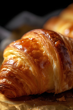 Croissant on a black background, close-up, selective focusの素材