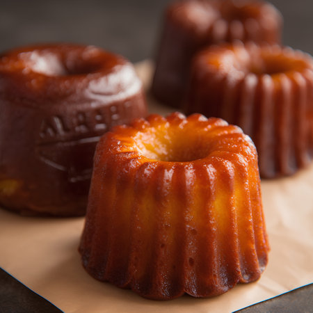 Close-up of a tasty caramel bundt cake on a dark backgroundの素材