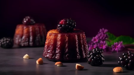 Cake with blackberries and chocolate on a dark background. Selective focus.の素材