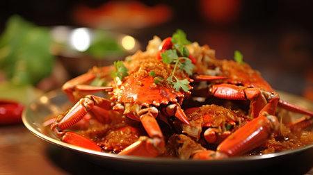 Boiled crab with chili and parsley on a plate, close upの素材