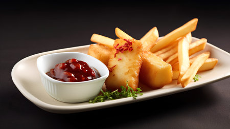 Fish and chips with ketchup on a plate on a dark backgroundの素材