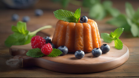 Pumpkin bundt cake with fresh berries and mint on wooden backgroundの素材