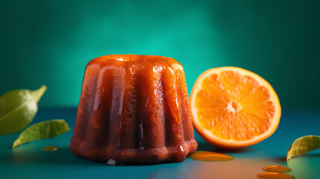 Orange bundt cake on a green background with space for text.の素材