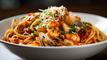 Pasta with seafood on a wooden table. Selective focus.の素材