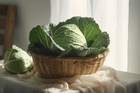 Fresh savoy cabbage in a basket on the table. Toned.の素材