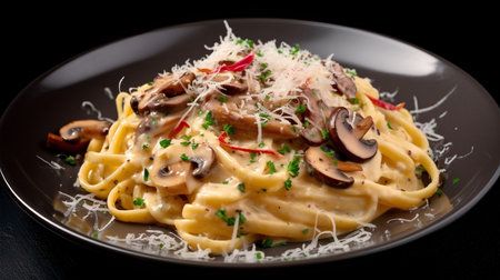Tagliatelle pasta with mushrooms and parmesan on black backgroundの素材