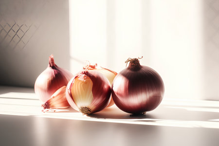 Red onions on a white background. Shallow depth of field.の素材