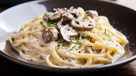 carbonara pasta with mushrooms and parmesan on a dark backgroundの素材