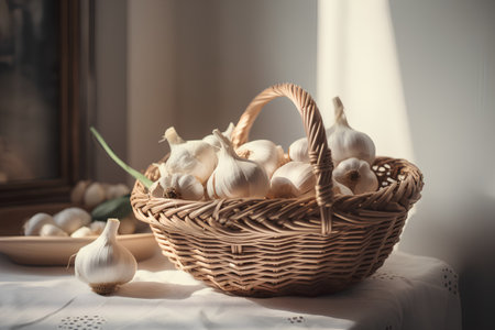 Basket with fresh garlic on the table. Rustic style.の素材