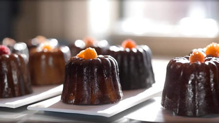 Chocolate cakes with fruit in a row on a buffet table.の素材