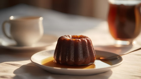Chocolate bundt cake on a plate with a cup of coffeeの素材
