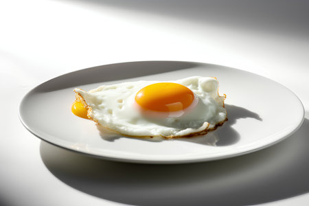 Fried egg on a plate with shadow on a white background.の素材