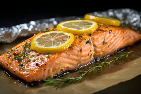 Salmon Steak with Lemon and Herbs on a Black Backgroundの素材