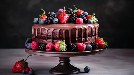 Chocolate cake with fresh berries on dark background. Selective focus.の素材