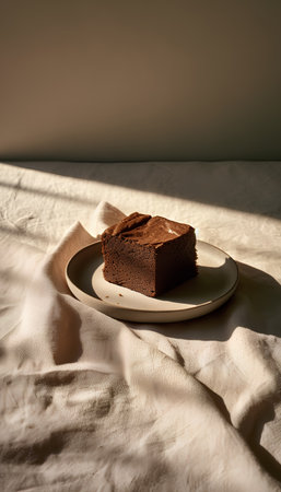 A piece of chocolate cake on a plate on a light background. Toned.の素材