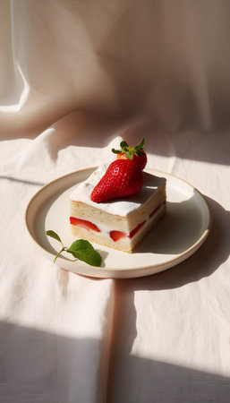 Strawberry cake on a white plate in sunlight. Copy space.の素材
