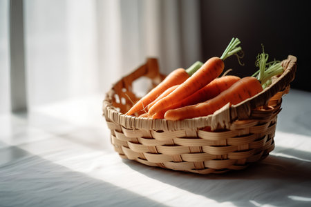 Basket with fresh carrots on the bed in the sunlight. Selective focus.の素材