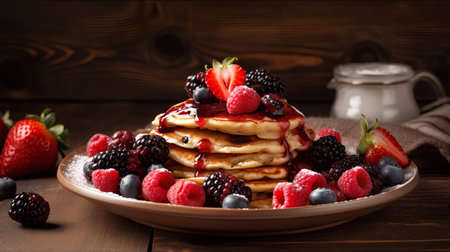 Pancakes with berries on a wooden background. Selective focus.の素材