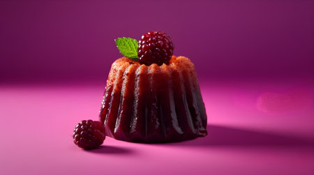 Chocolate muffin with raspberries and mint on pink backgroundの素材