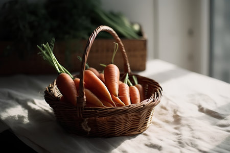 Basket of fresh carrots on the table in the kitchen. Selective focusの素材