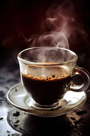 Coffee in a glass cup on a dark background with smokeの素材