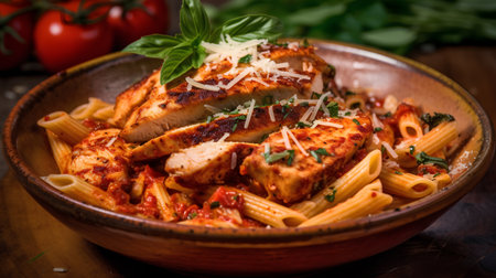 Penne pasta with grilled chicken fillet, tomato sauce and parmesanの素材