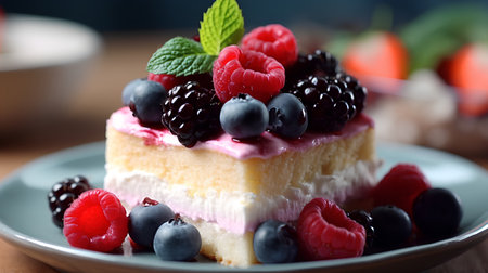 Cheesecake with fresh berries on plate, closeup, horizontalの素材