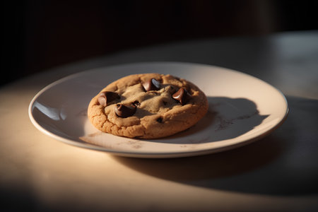 Chocolate chip cookies on a plate on a wooden table. Selective focus.の素材