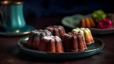 Chocolate bundt cakes with powdered sugar on a plate, selective focusの素材