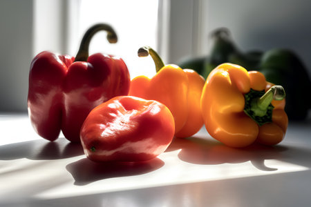 Bell peppers on a white table with a window in the background.の素材