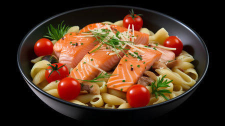 Salmon pasta with cherry tomatoes and dill on black background.の素材