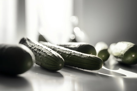 Fresh cucumbers on a kitchen table. Selective focus. Toned.の素材