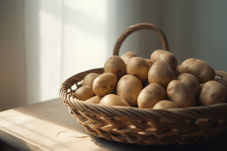 Potatoes in a wicker basket on a wooden table. Selective focus.の素材