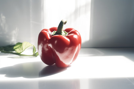 Red bell pepper on white background with shadow. Close up. Selective focus.の素材