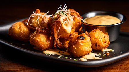 Fried potato balls with sauce and mayonnaise on black plateの素材