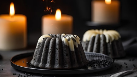 Chocolate bundt cake with butter cream and burning candles on black backgroundの素材