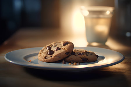 Chocolate chip cookies on a plate with a glass of milk in the backgroundの素材