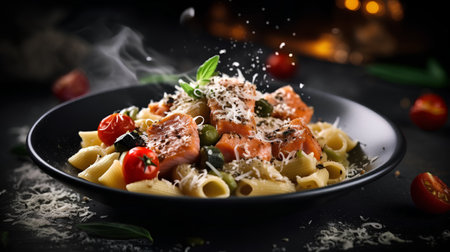 Pasta with smoked salmon, olives, tomatoes and parmesanの素材