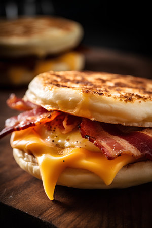 Pancakes with bacon and cheese on a wooden background. Toned.の素材