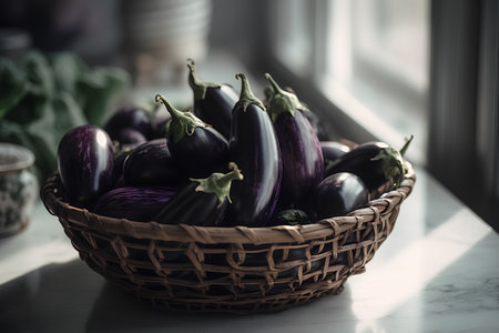 Fresh eggplants in a wicker basket on the windowsillの素材