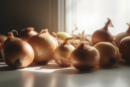Onion bulbs on the windowsill in the sunlight. Selective focus.の素材