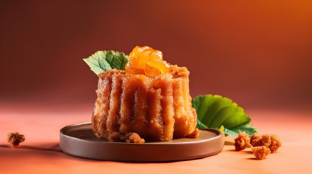 Delicious cake with apricot jam and mint on orange backgroundの素材