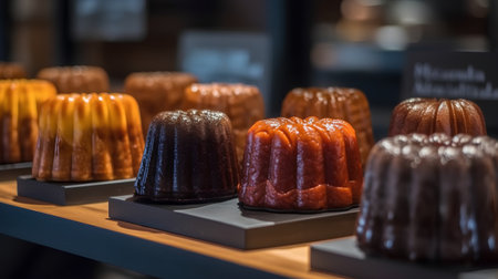 Chocolate cakes in a shop window in Paris, France. Toned.の素材