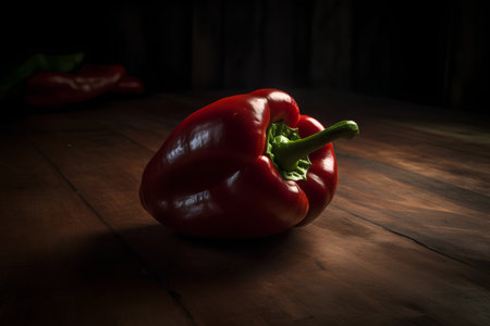 Red bell pepper on a wooden table. Black background. Vintage style.の素材