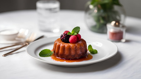 Delicious chocolate cake with raspberry and blackberry on a white plateの素材