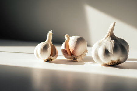 Garlic bulbs and garlic cloves on a white background with shadows.の素材