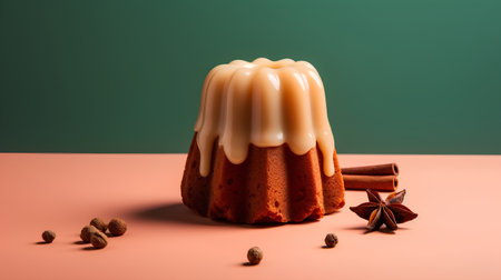 Chocolate bundt cake with caramel cream and spices on a colored backgroundの素材