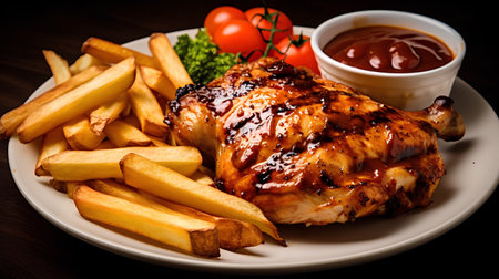 Grilled chicken leg with french fries and sauce on a wooden backgroundの素材