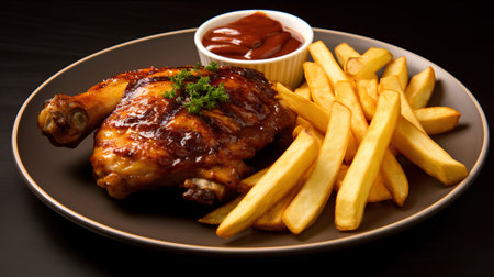 Grilled chicken with french fries and ketchup on a dark backgroundの素材
