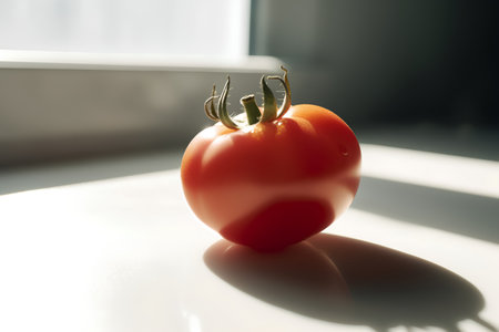 Tomato on the white table in sunlight. Close up. Selective focus.の素材
